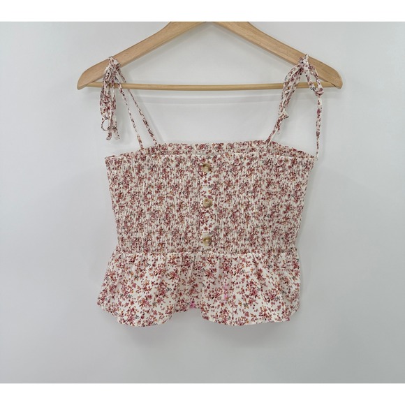 Paper Crane Tops - Paper Crane Floral‎ Smocked Square Neck Ruffle Peplum Tie Strap Tank Top M